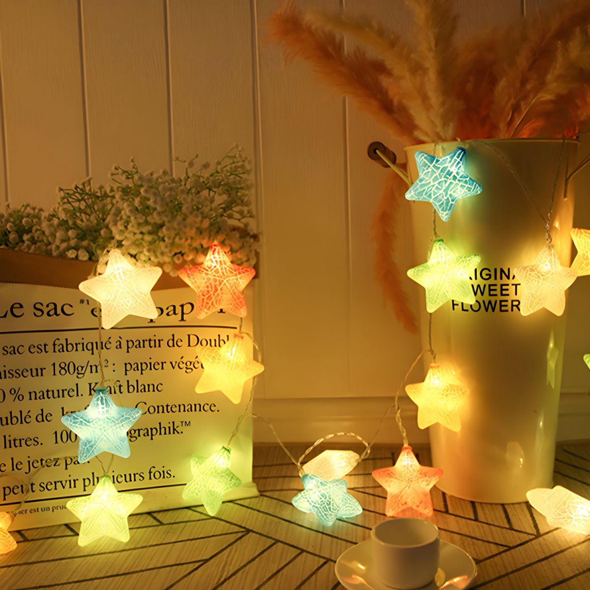 Pentagram LED String Light Modern Plastic 20/40 Heads Restaurant Christmas Lamp in Yellow/Blue-Pink-Yellow. 3/6 M