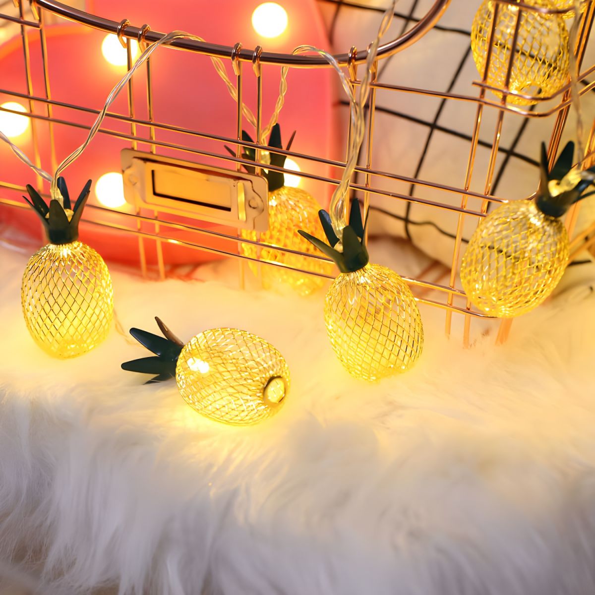 Pineapple LED Fairy Light Modern Style Iron Bedroom Battery String Lighting in Golden