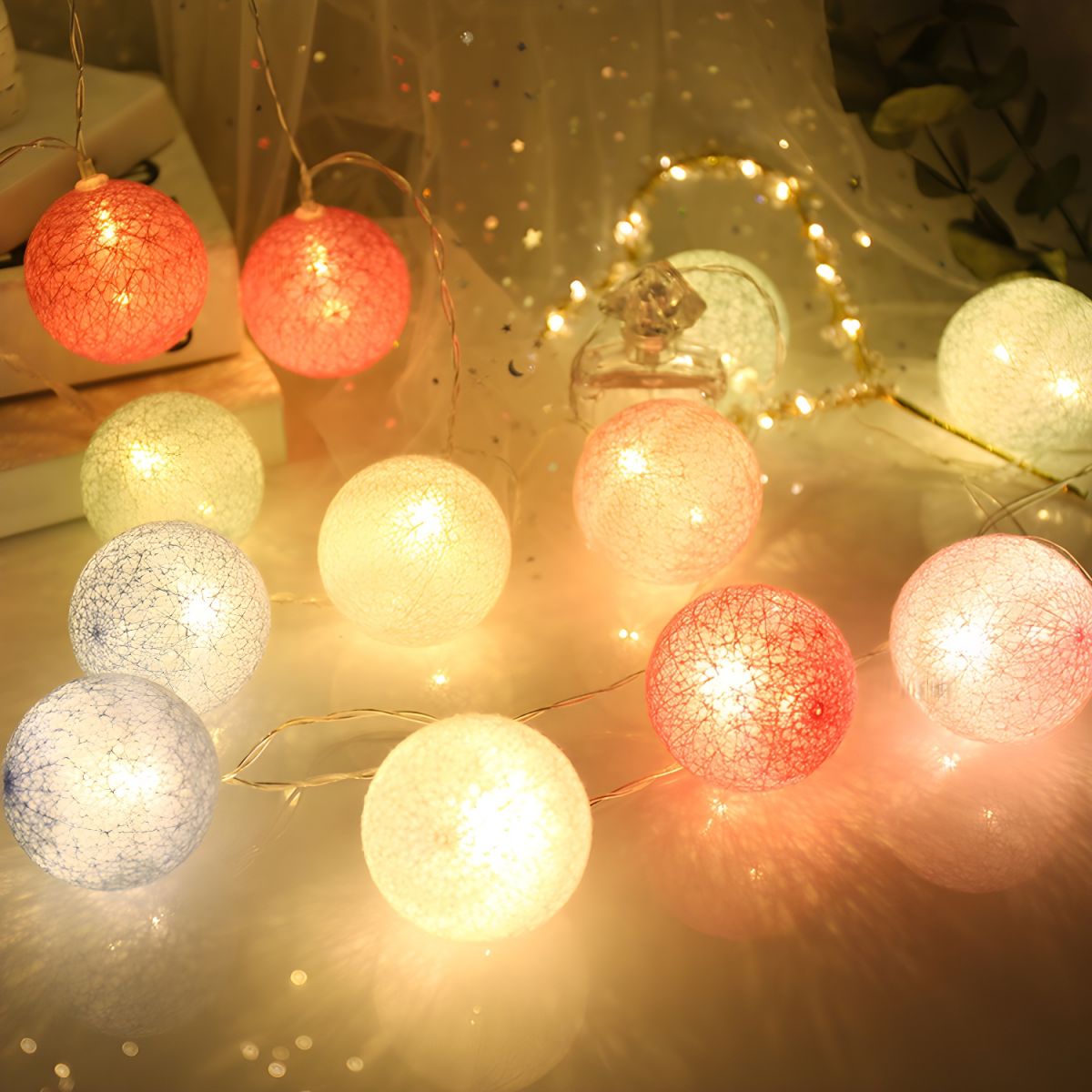 Globe Shape LED Fairy Lighting Cotton Decorative Battery String Light for Girls Bedroom