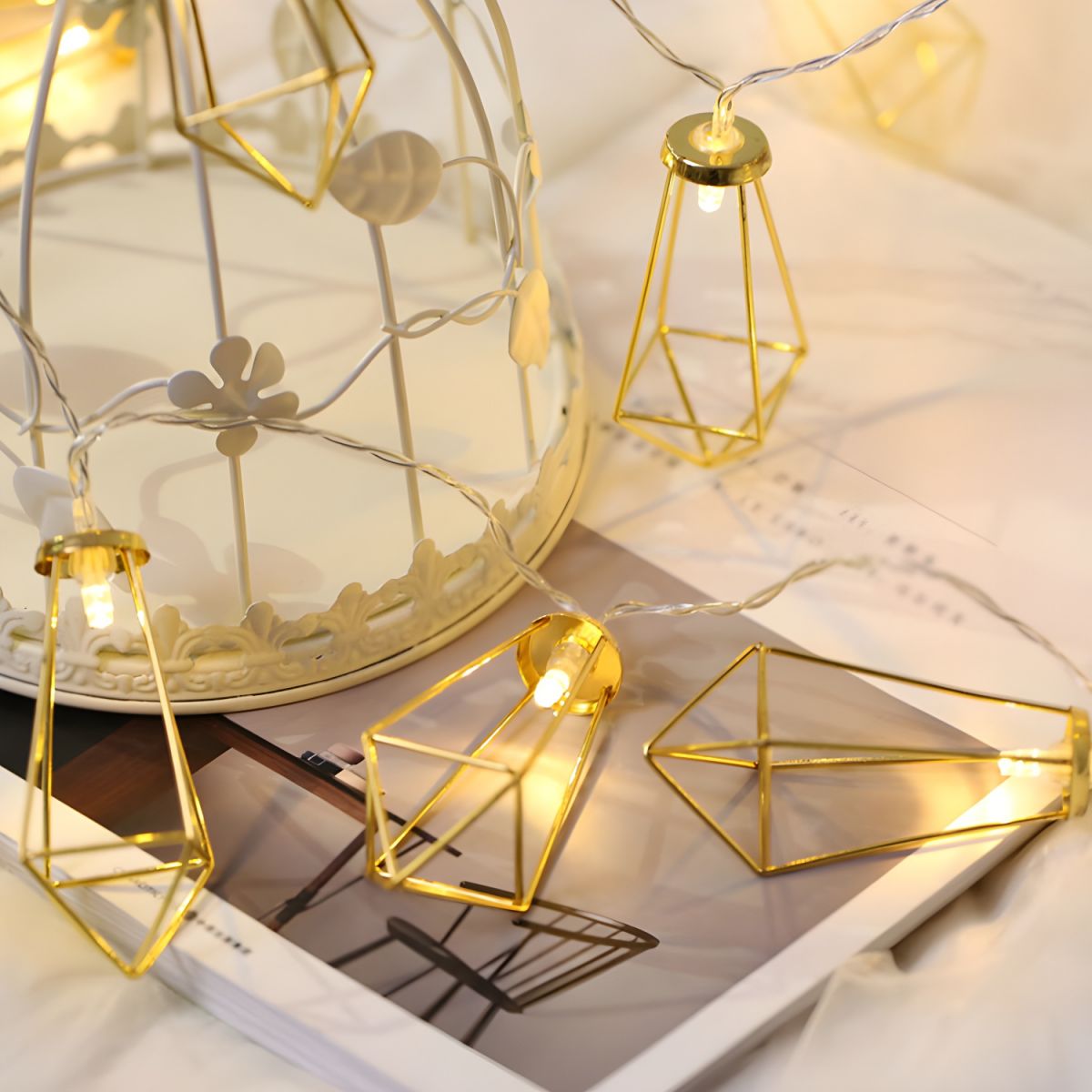 Geometric Cage Iron LED Fairy Lamp Artistic Gold Battery Powered String Light for Girls Bedroom