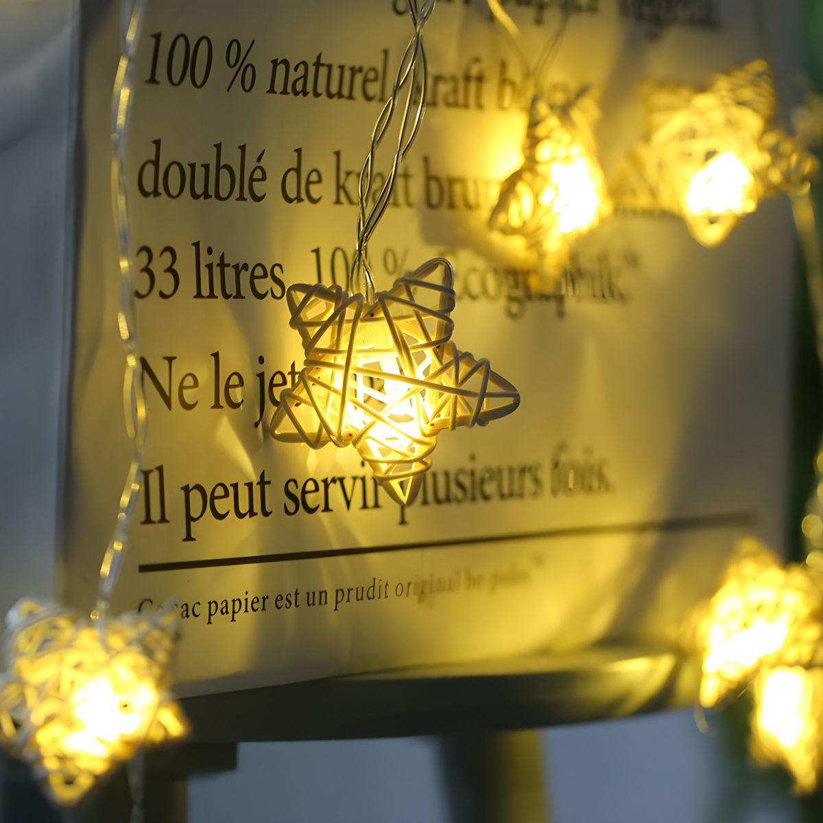 Plastic Woven Star String Lamp Modern 20/40 Heads Beige LED Party Light with USB Charging Cord. 13.1/19.6 Ft