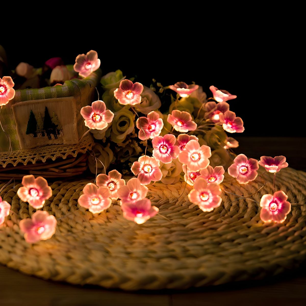 Peach Blossom Plastic String Lamp Modern Style Battery LED Festive Light for Courtyard