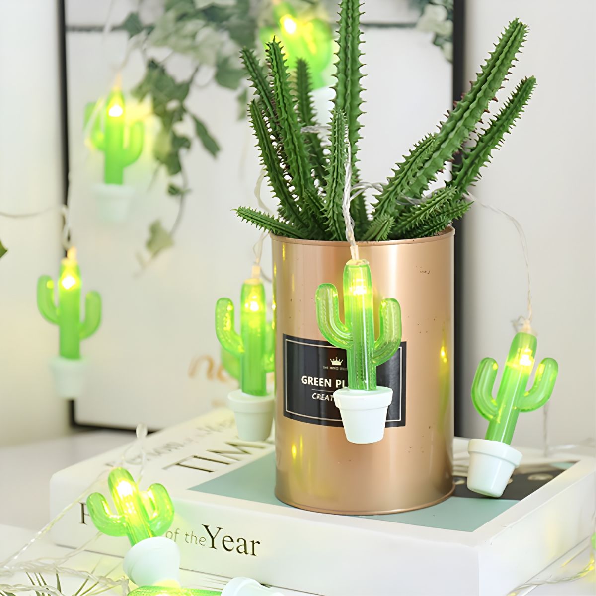 Green Cactus LED Fairy Light Modern 9.8 Ft 20 Bulbs Plastic USB/Battery String Lighting for Living Room