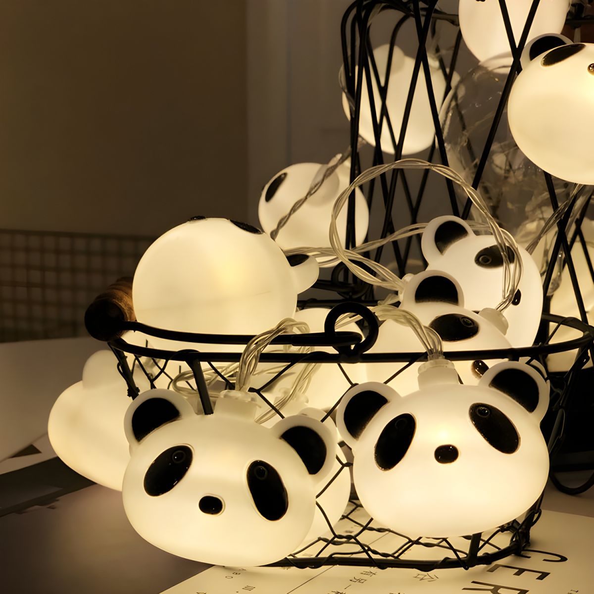 40 Heads Nursery Lighting String Cartoon White Battery/USB Powered LED Party Light with Panda Plastic Shade. 6m