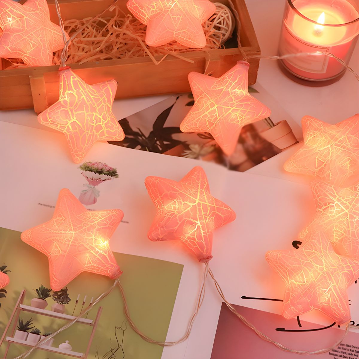 Artistic Crackle Star Shade LED Fairy Lamp Bedroom Battery Powered String Lighting