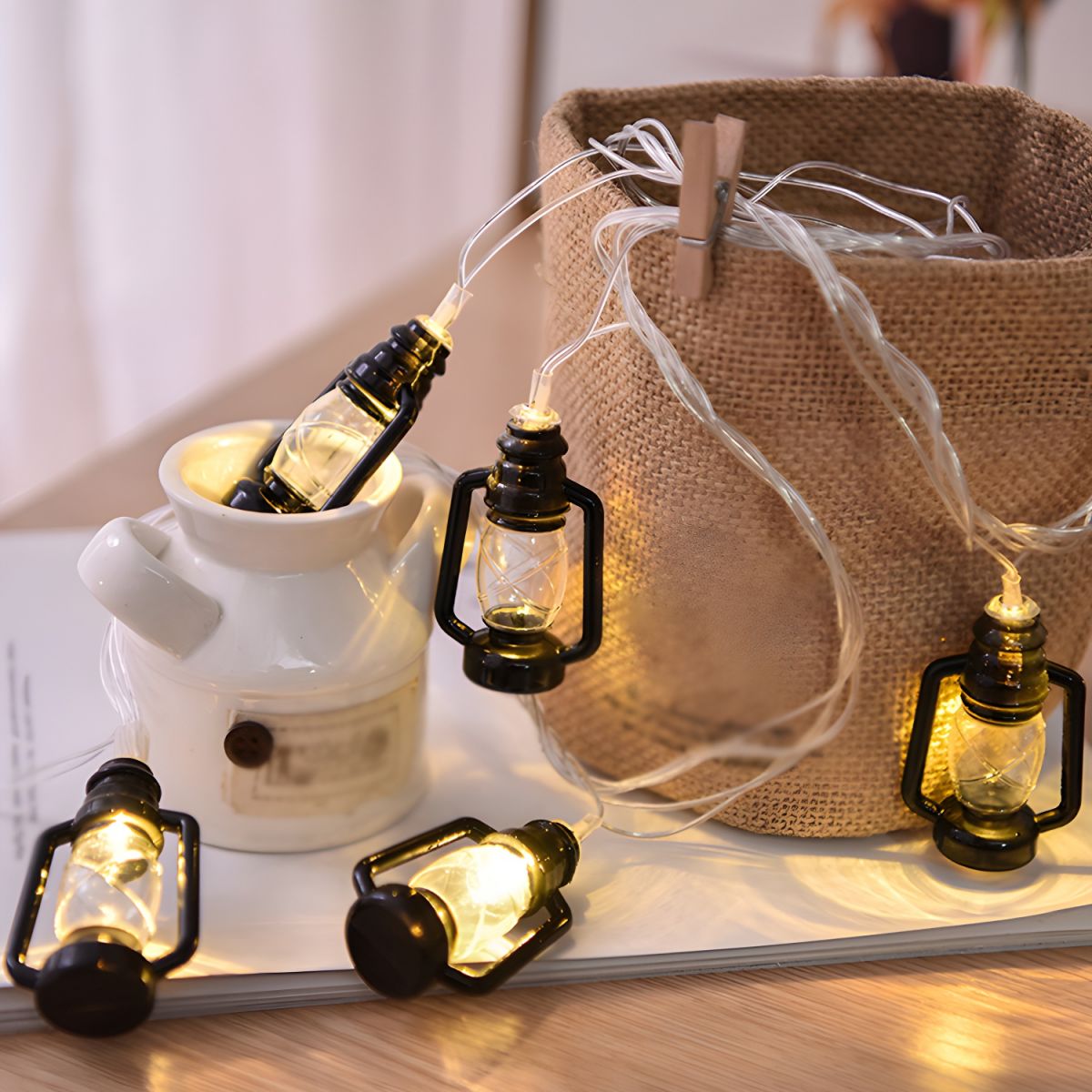 Black Kerosene Shape LED Fairy Lamp Artistic Battery Powered String Lighting for Bedroom