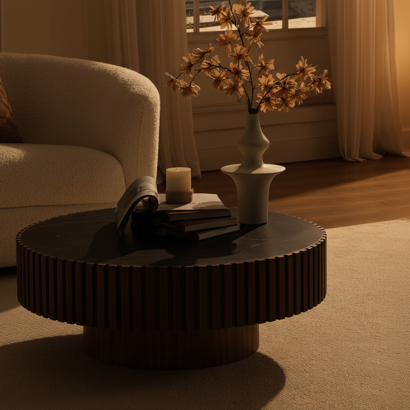 The Stone Circle — 35.43" Walnut Sintered Stone Round Drum Coffee Table
