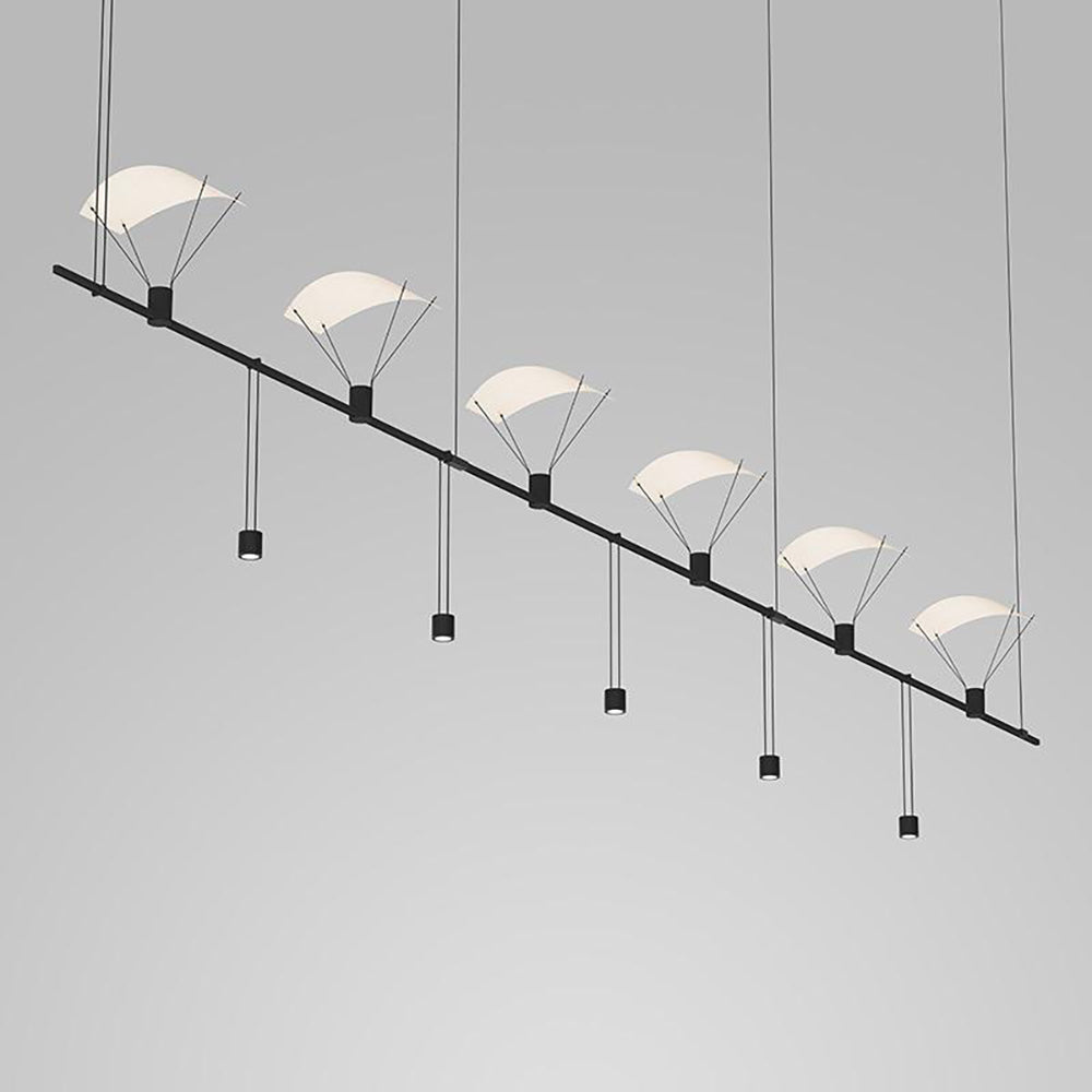 Suspenders Linear One Tier Multi Light Pendant Light with Parachutes and Suspended Cylinder Luminaires