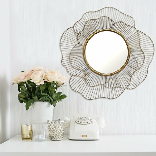 28.25" Round Gold Flower Metal Wall Mirror - Novus Decor Wall Decor