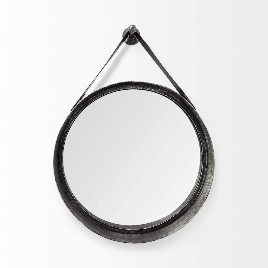 30" Round Black Metal Frame w/Leather Strap Wall Mirror - Novus Decor Wall Decor