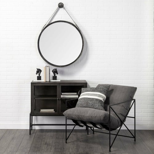 30" Round Black Metal Frame w/Leather Strap Wall Mirror - Novus Decor Wall Decor