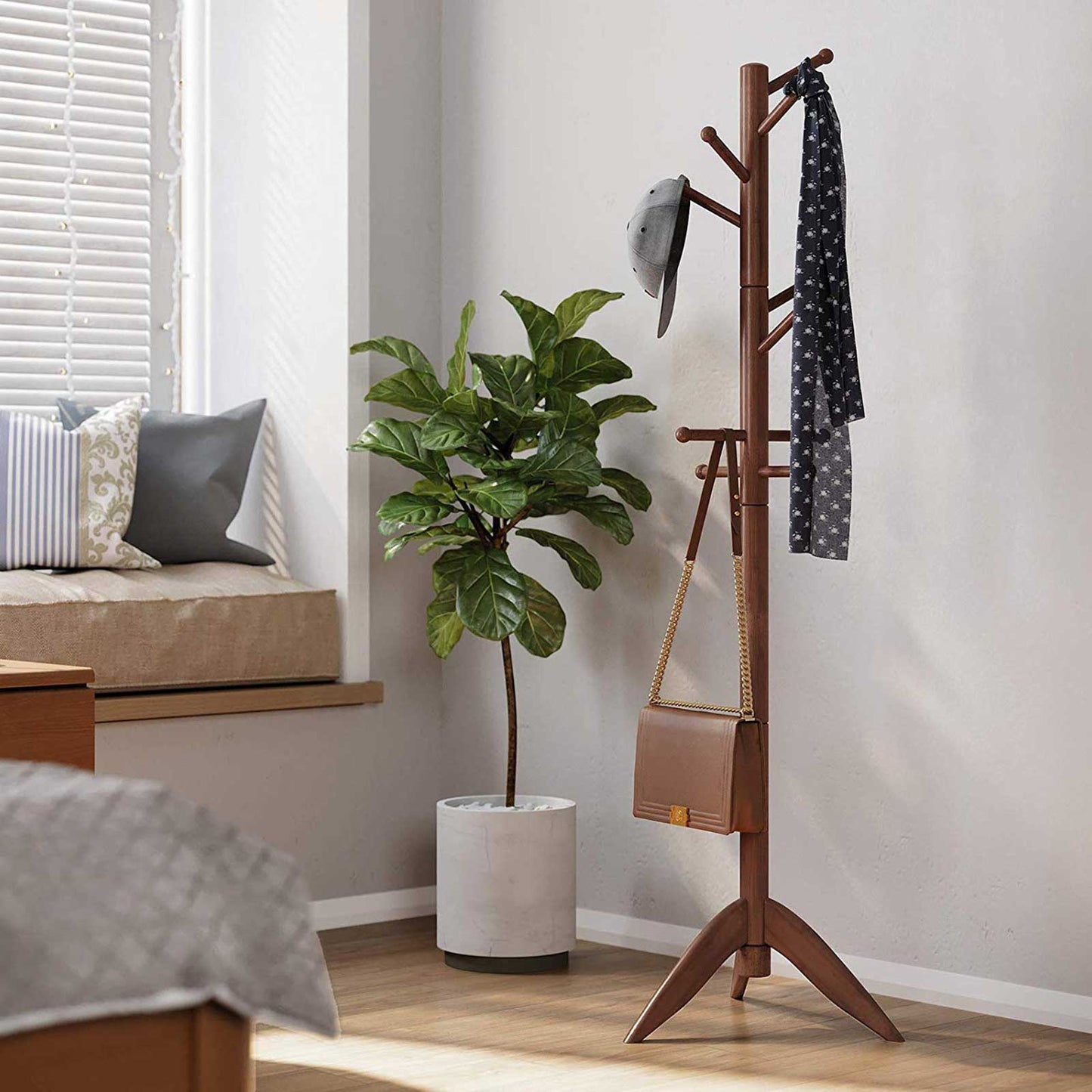 Dark Walnut Wooden Coat Rack Stand for Home