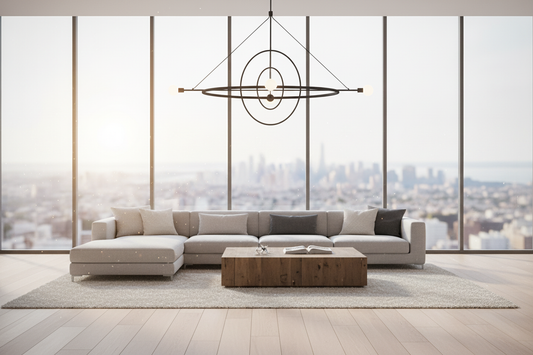 Modern chandelier adds style to a minimalist living room with city views, perfect for home decor inspiration