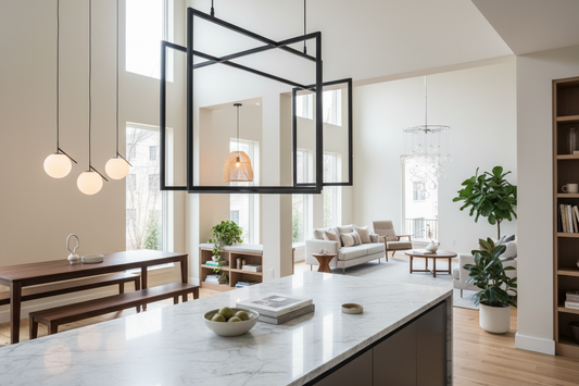 Modern pendant lighting ideas brighten an open-concept living space with stylish, budget-friendly fixtures