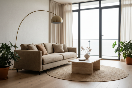 Modern living room 2026 — warm Nordic minimalist design with low-profile linen sofa, brushed brass arc floor lamp, and travertine coffee table | RModern