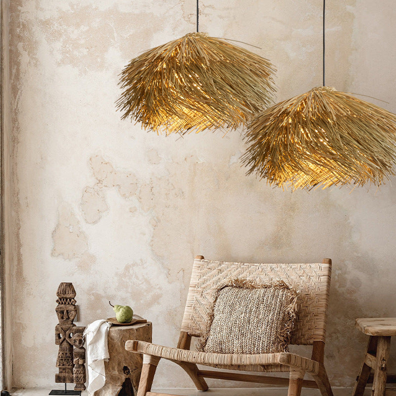 Japanese Wabi-Sabi Rattan Living Room Chandelier Retro Straw Lamp