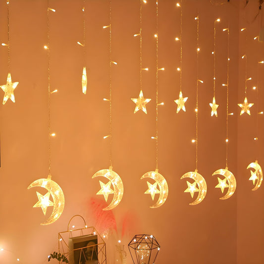 Moon and Star Curtain String Lamps Artistic Plastic 12-Head LED Festive Light