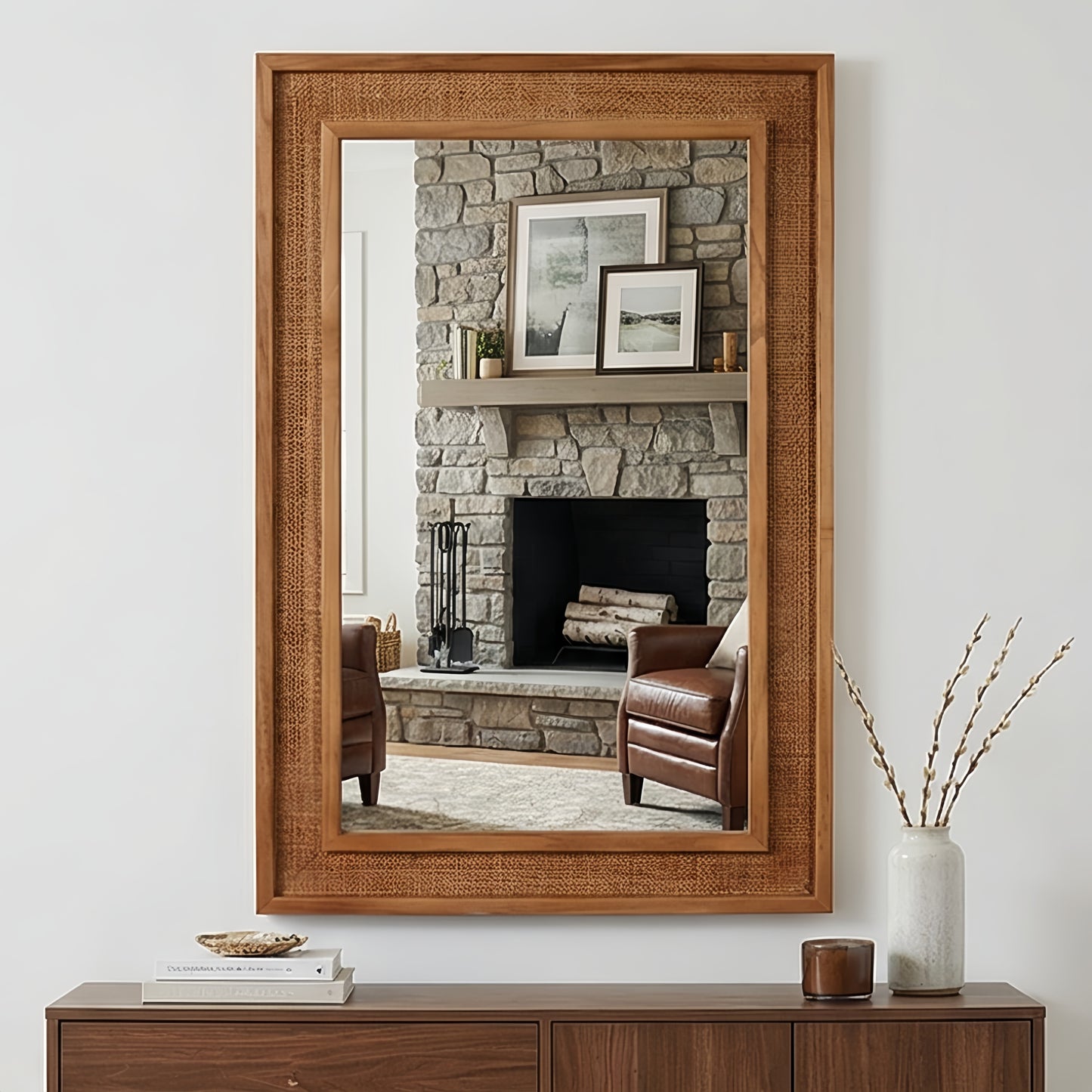 Rattan-Wrapped Solid Wood Rectangle Mirror 24 x 36 Inch | Natural Frame