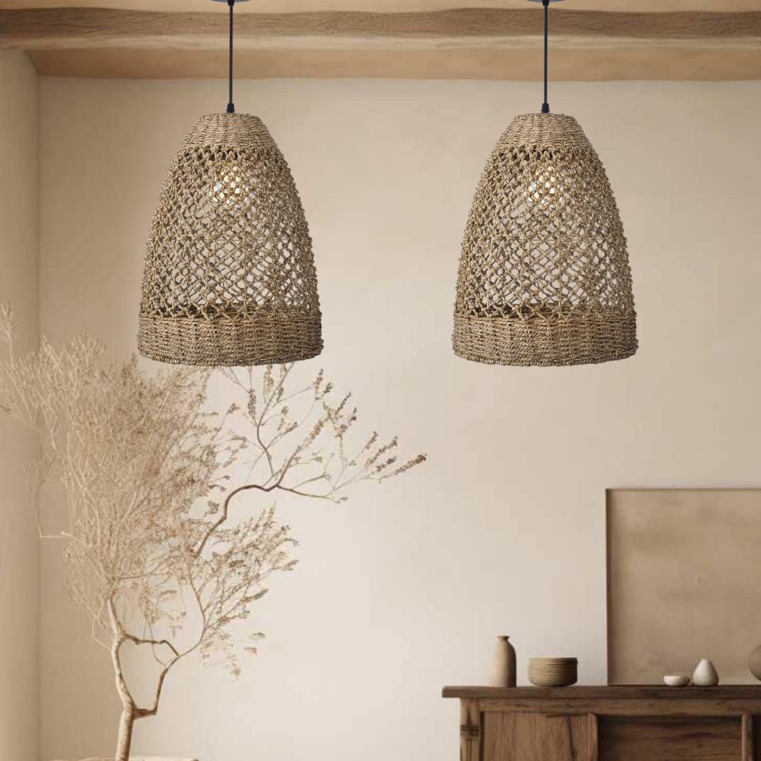 Farmhouse Coastal Boho Hanging Lamp with Handwoven Rattan Woven Pendant Light