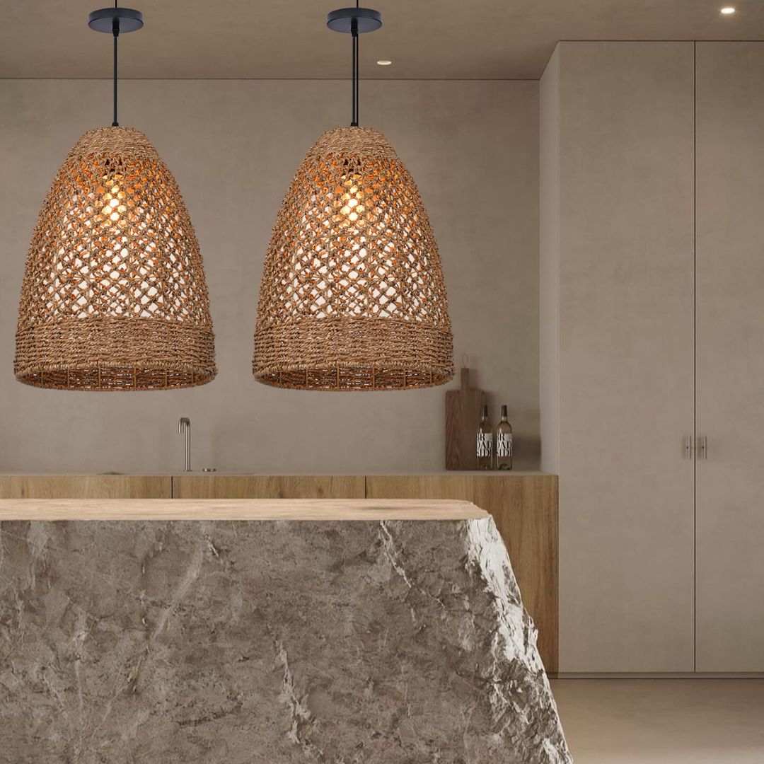 Farmhouse Coastal Boho Hanging Lamp with Handwoven Rattan Woven Pendant Light