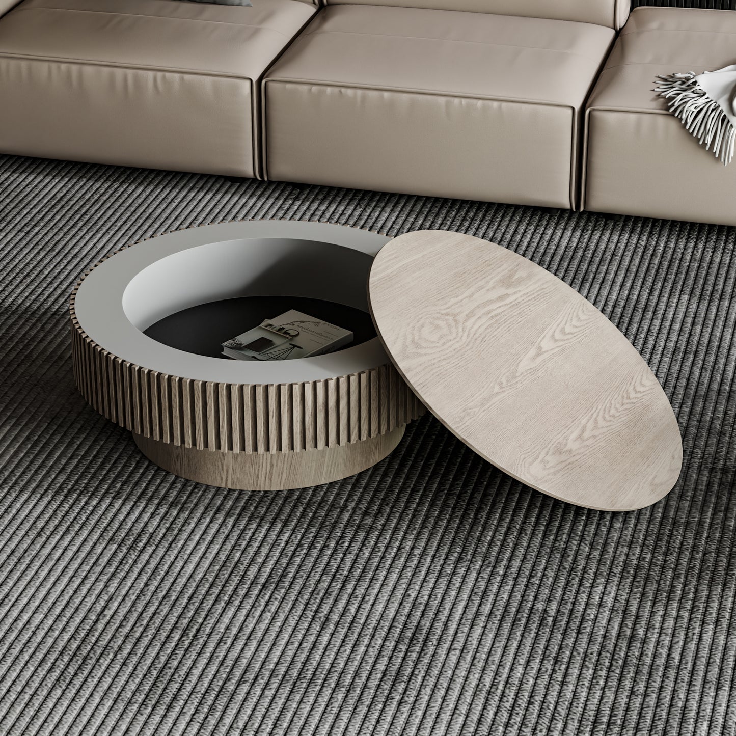 The Vault — 31.5" Round Grey Coffee Table with Hidden Storage, Wood Veneer