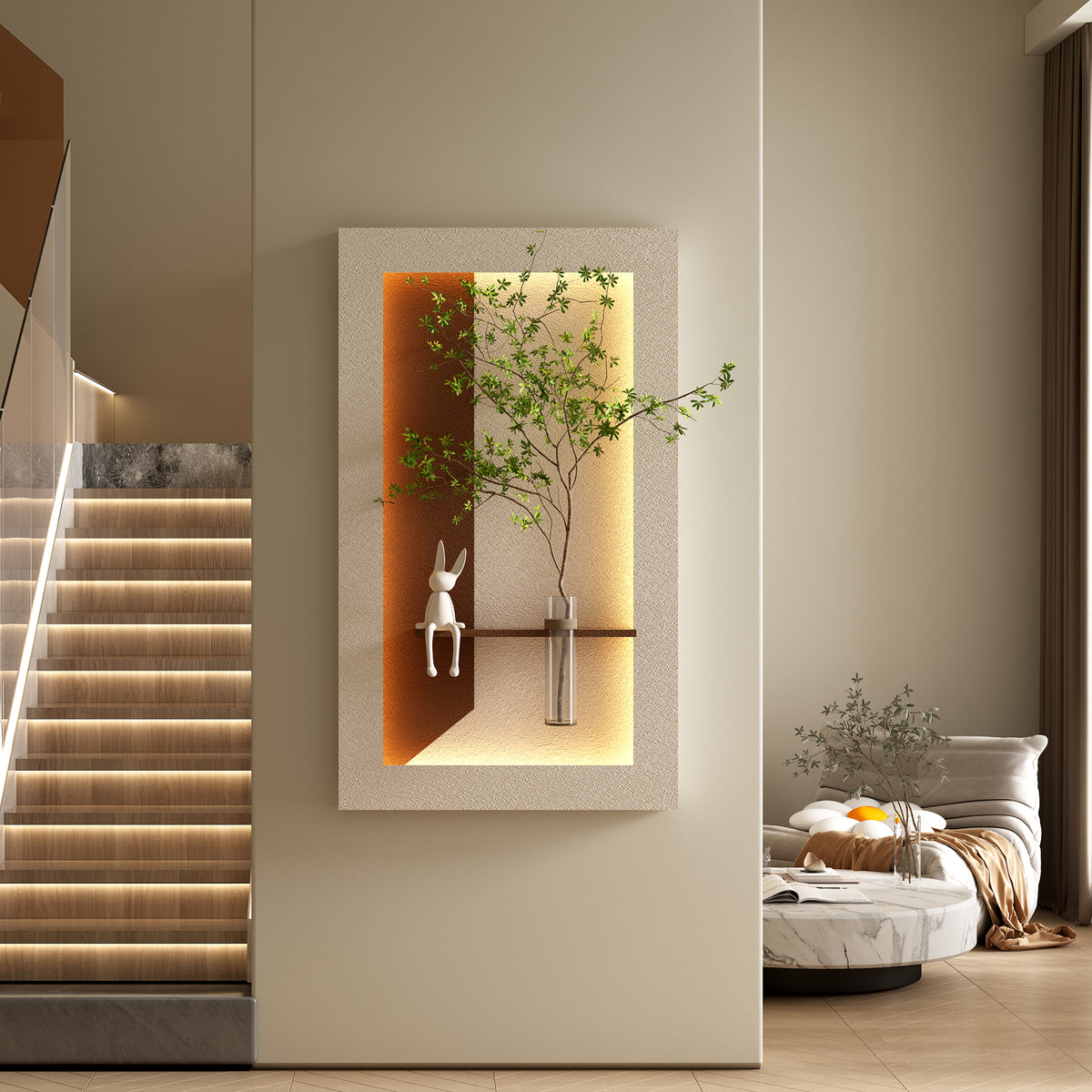 3-Color LED Botanical Wall Sculpture — 3D Sandstone Plants & Rabbit, USB