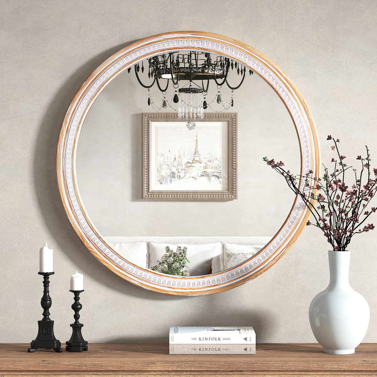 Farmhouse Circle Wall Mirror — 30" Solid Wood Boho