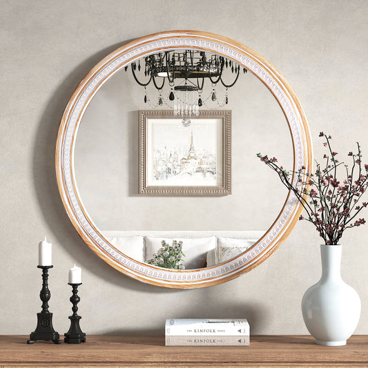 Farmhouse Circle Wall Mirror — 30" Solid Wood Boho