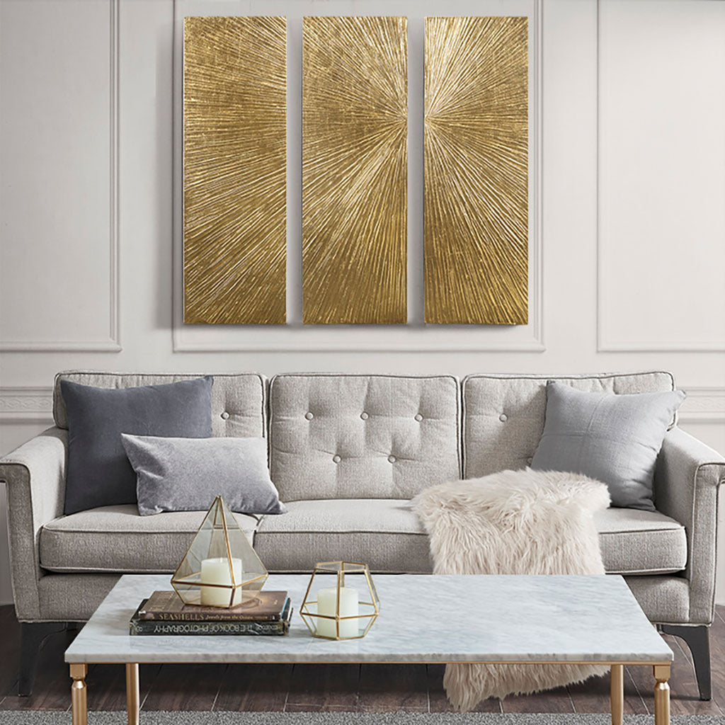 Hand Painted Gold Triptych Wall Art Set — 3-Piece Dimensional Panel
