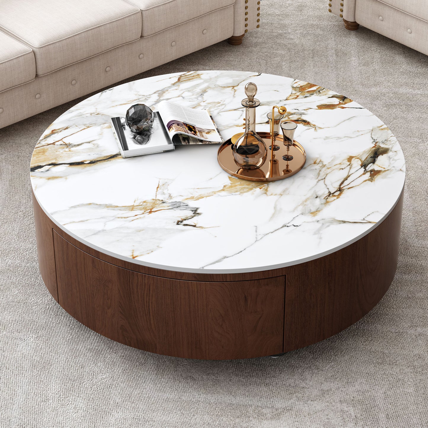 Round Coffee Table with Sintered Stone Top & 2 Drawers