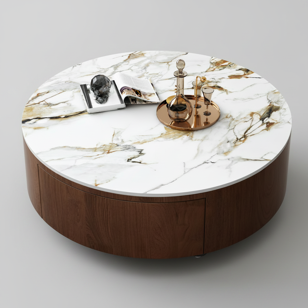 Round Coffee Table with Sintered Stone Top & 2 Drawers
