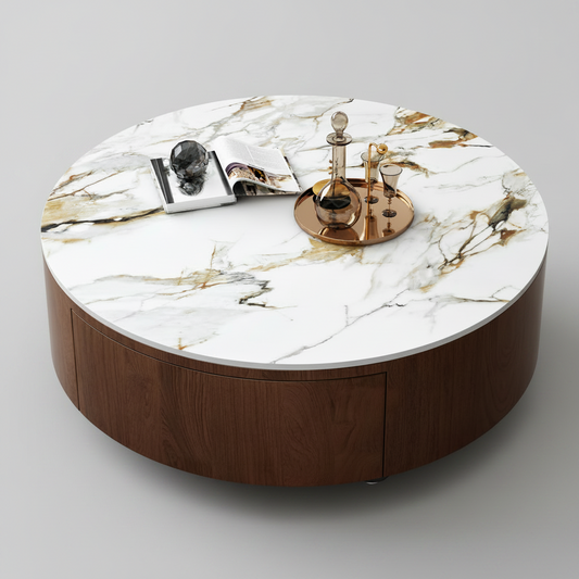 Round Coffee Table with Sintered Stone Top & 2 Drawers