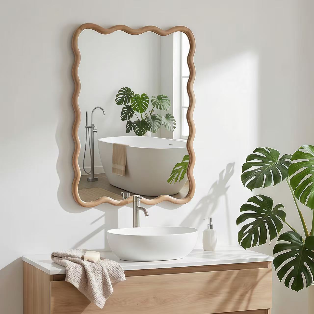 Wavy Natural Wood Wall Mirror — 20×30" Solid Wood Frame