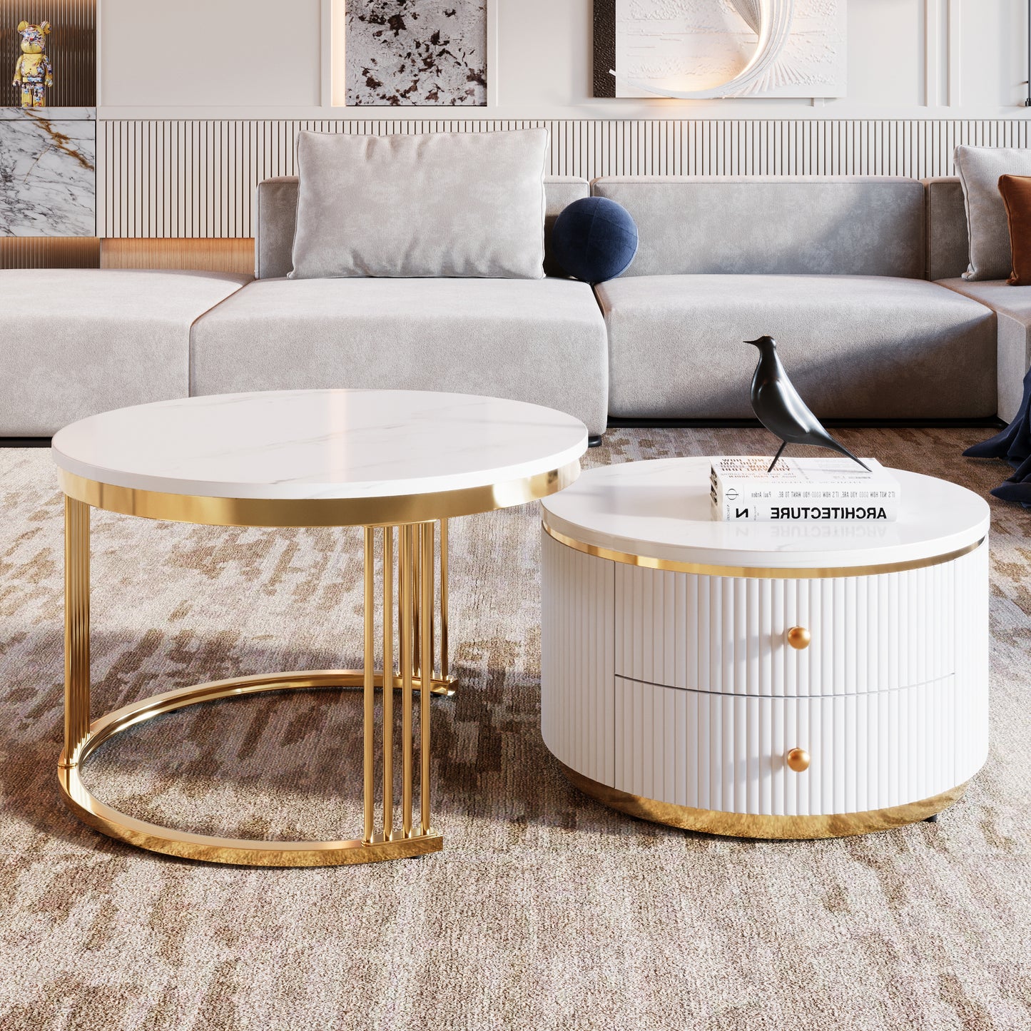 Round Nesting  Coffee Table with Drawers in 27.6''