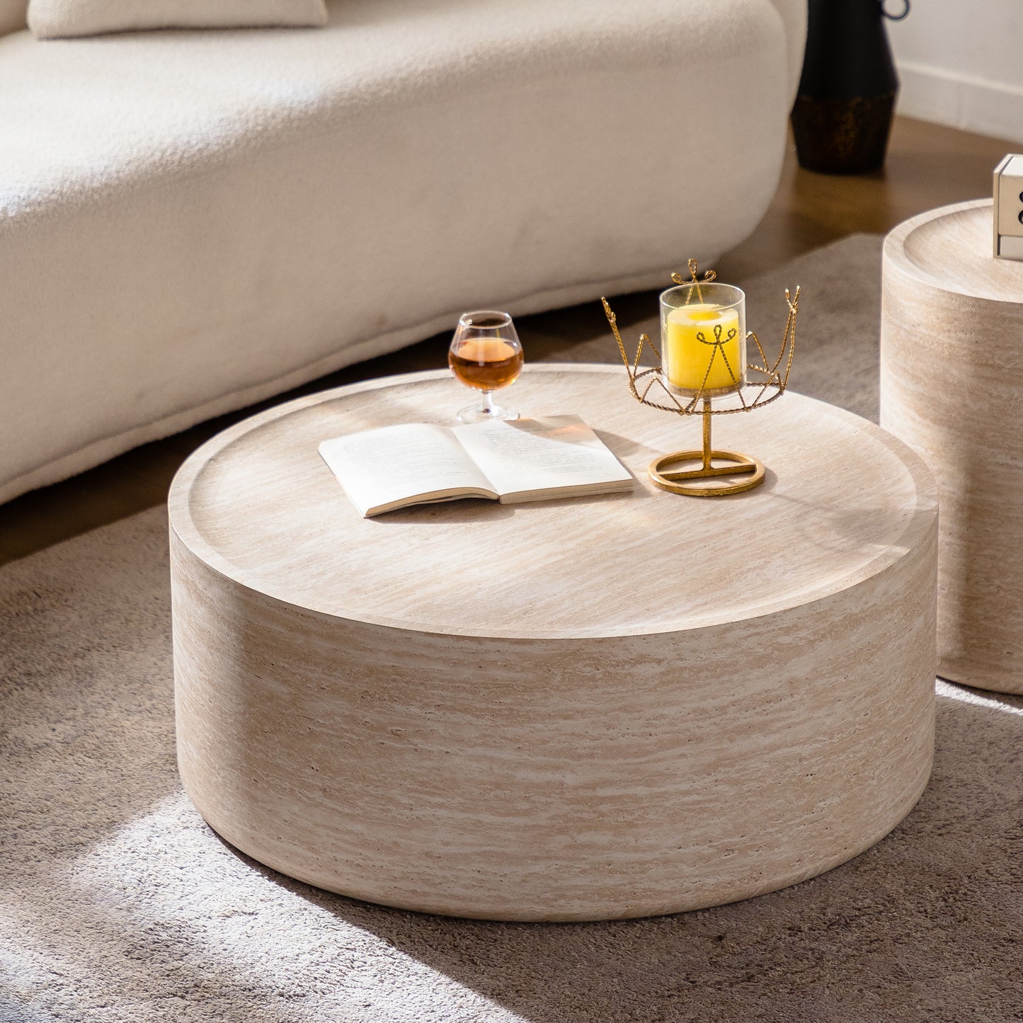 31.5" Round Drum Coffee Table — Mars Amber Pattern, No Assembly Required