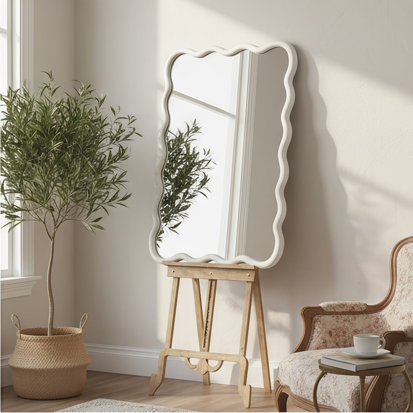 Wavy White Wall Mirror — 24×36" Solid Wood Frame