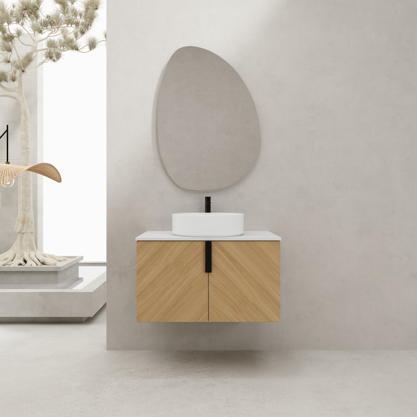 Oak Wall-Mounted Bathroom Vanity — 30" with Ceramic Sink & Stone Slab