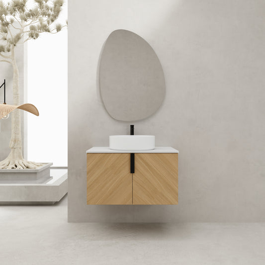 Oak Wall-Mounted Bathroom Vanity — 30" with Ceramic Sink & Stone Slab