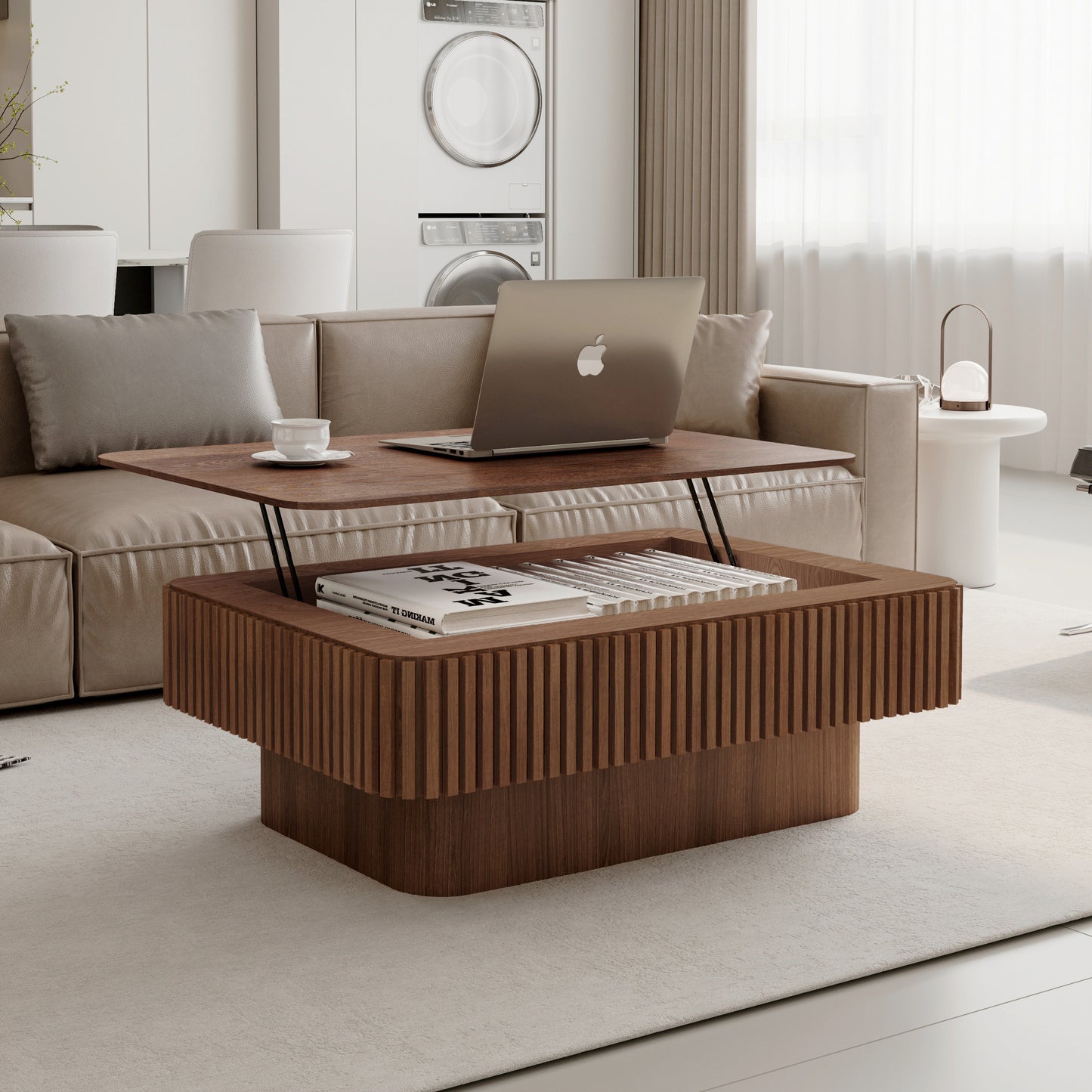 The Rise — 38.6" Walnut Fluted Lift-Top Coffee Table