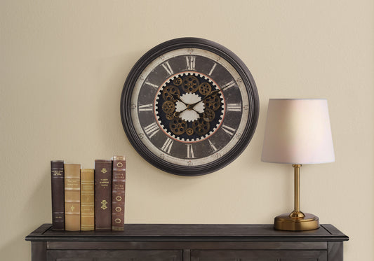 23" Round Gear Mechanism Wall Clock | Brown Transitional