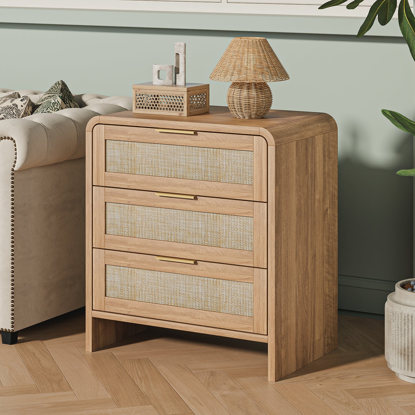 The Cove Nightstand — Rattan & Oak, 3 Drawers