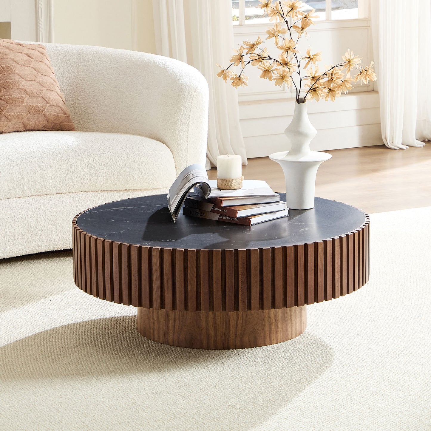 The Stone Circle — 35.43" Walnut Sintered Stone Round Drum Coffee Table