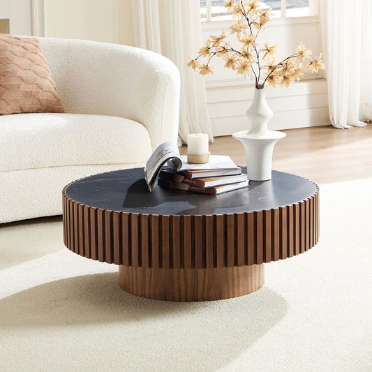 The Stone Circle — 35.43" Walnut Sintered Stone Round Drum Coffee Table