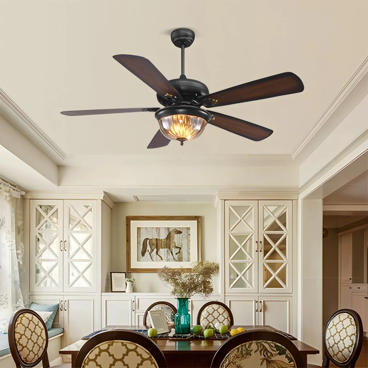 Vintage Wood Ceiling Fan with LED Light for Living Room