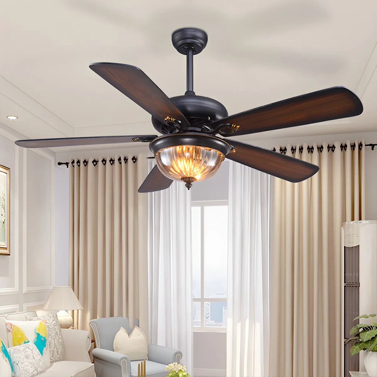 Vintage Wood Ceiling Fan with LED Light for Living Room