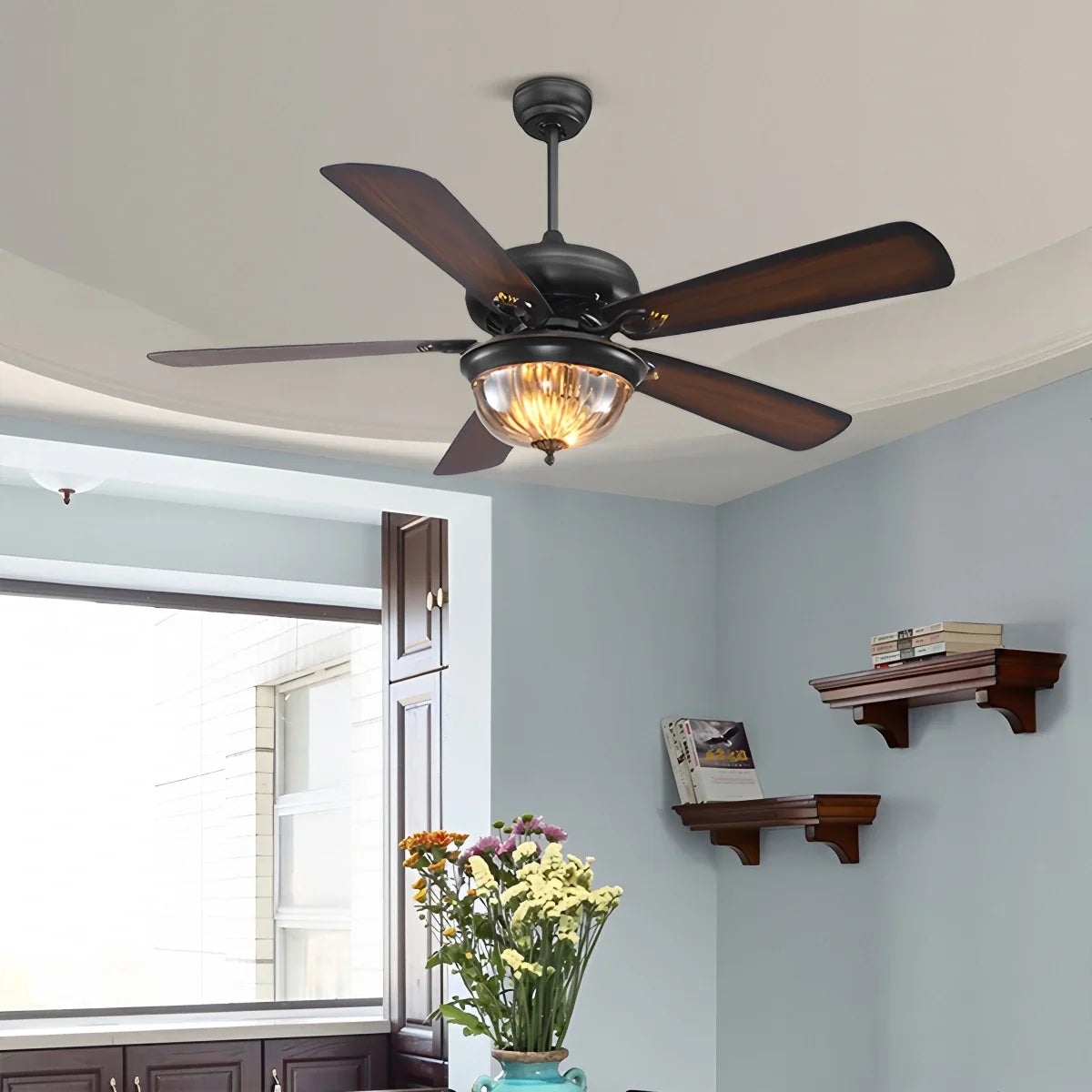 Vintage Wood Ceiling Fan with LED Light for Living Room