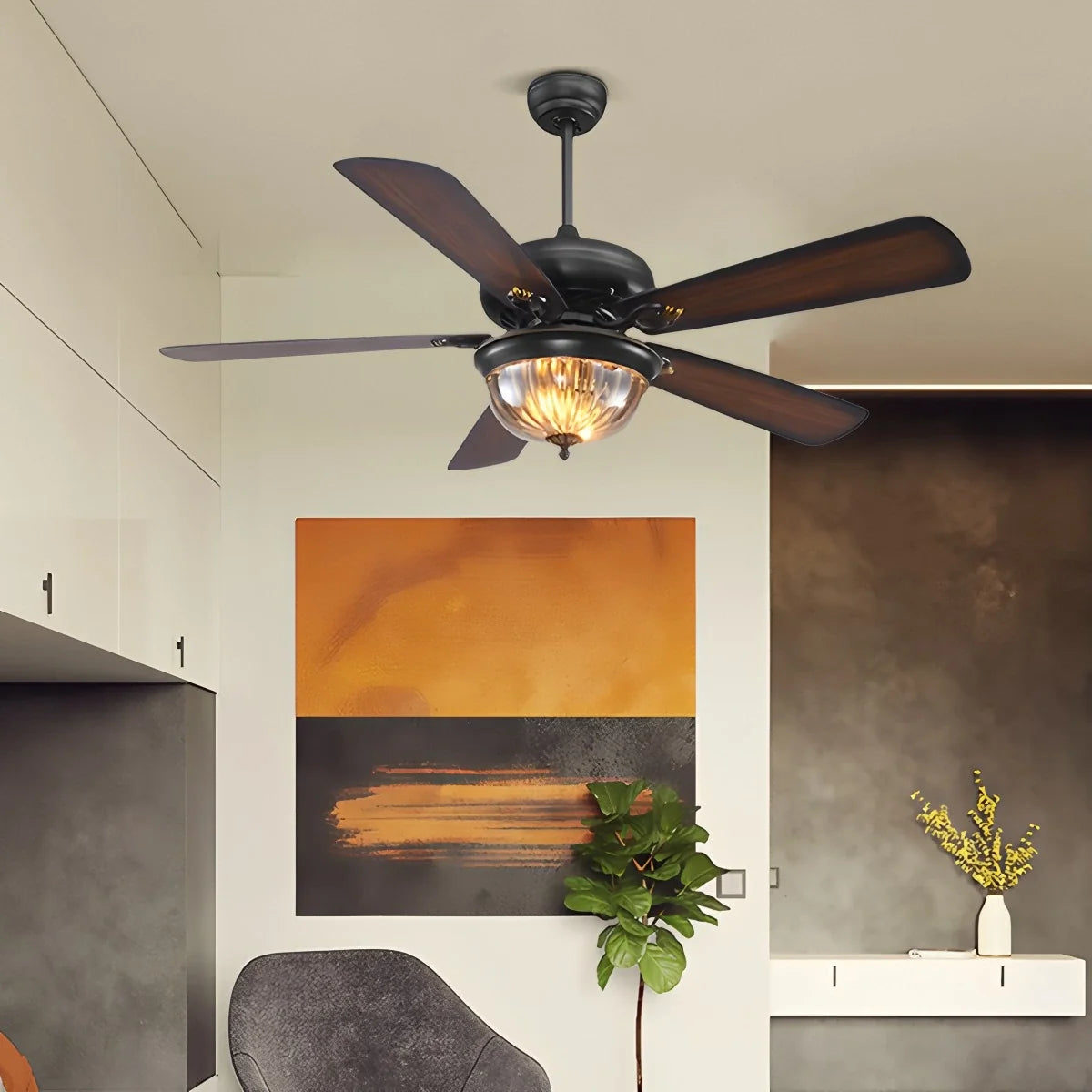 Vintage Wood Ceiling Fan with LED Light for Living Room
