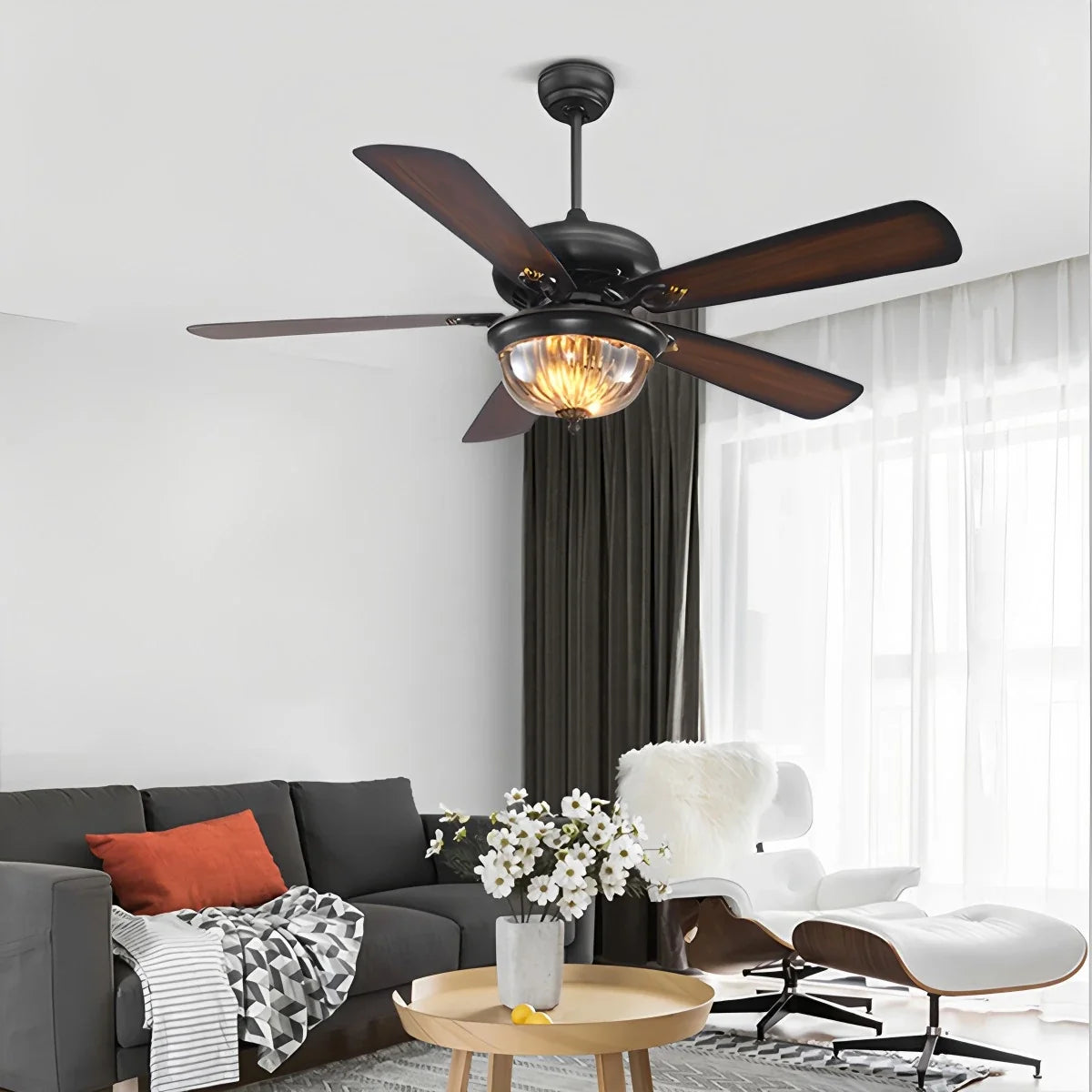 Vintage Wood Ceiling Fan with LED Light for Living Room