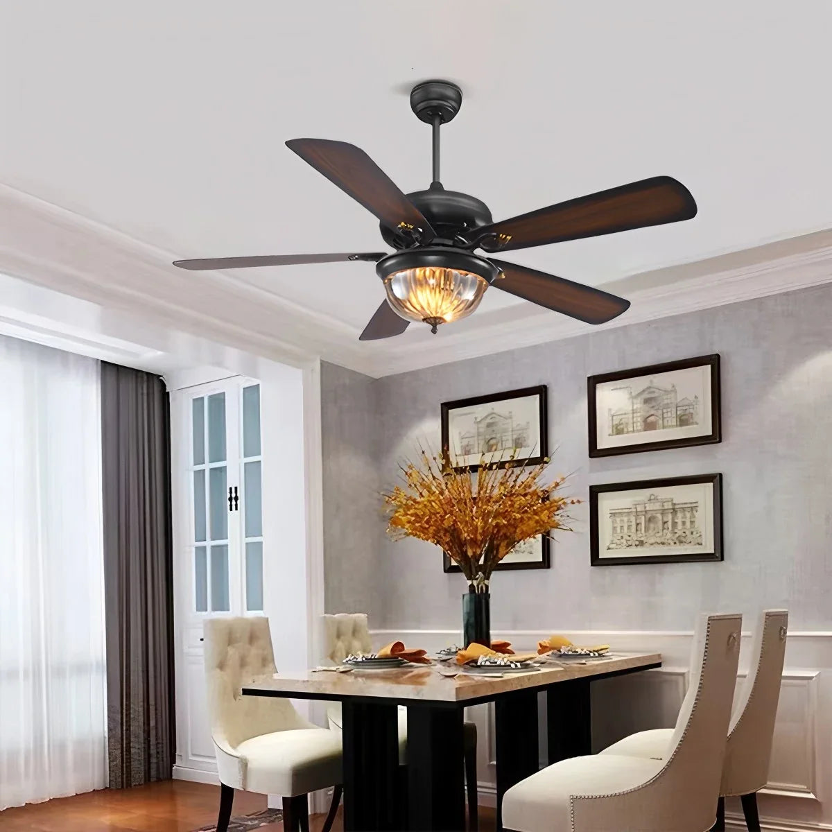 Vintage Wood Ceiling Fan with LED Light for Living Room