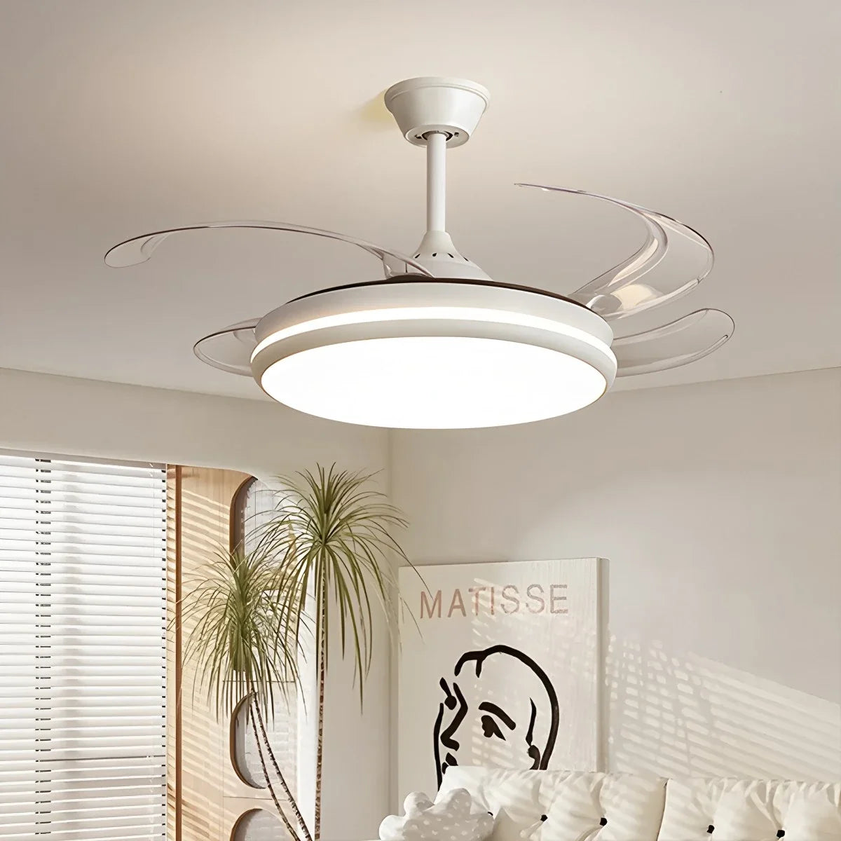 Modern Remote Ceiling Fan Light with Clear Retractable Blades